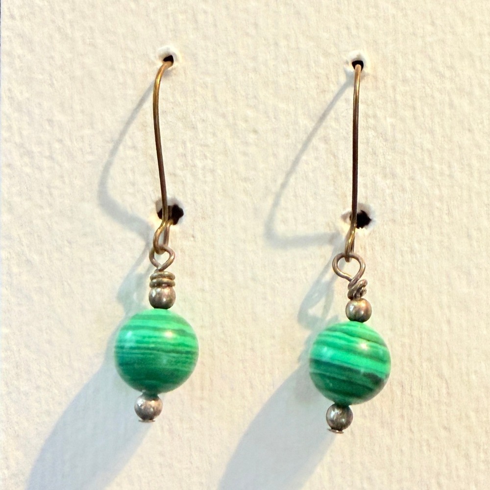 Green Banded Malachite Silver tone Wire Drop Earrings Stephanie Aune Artisan‎
